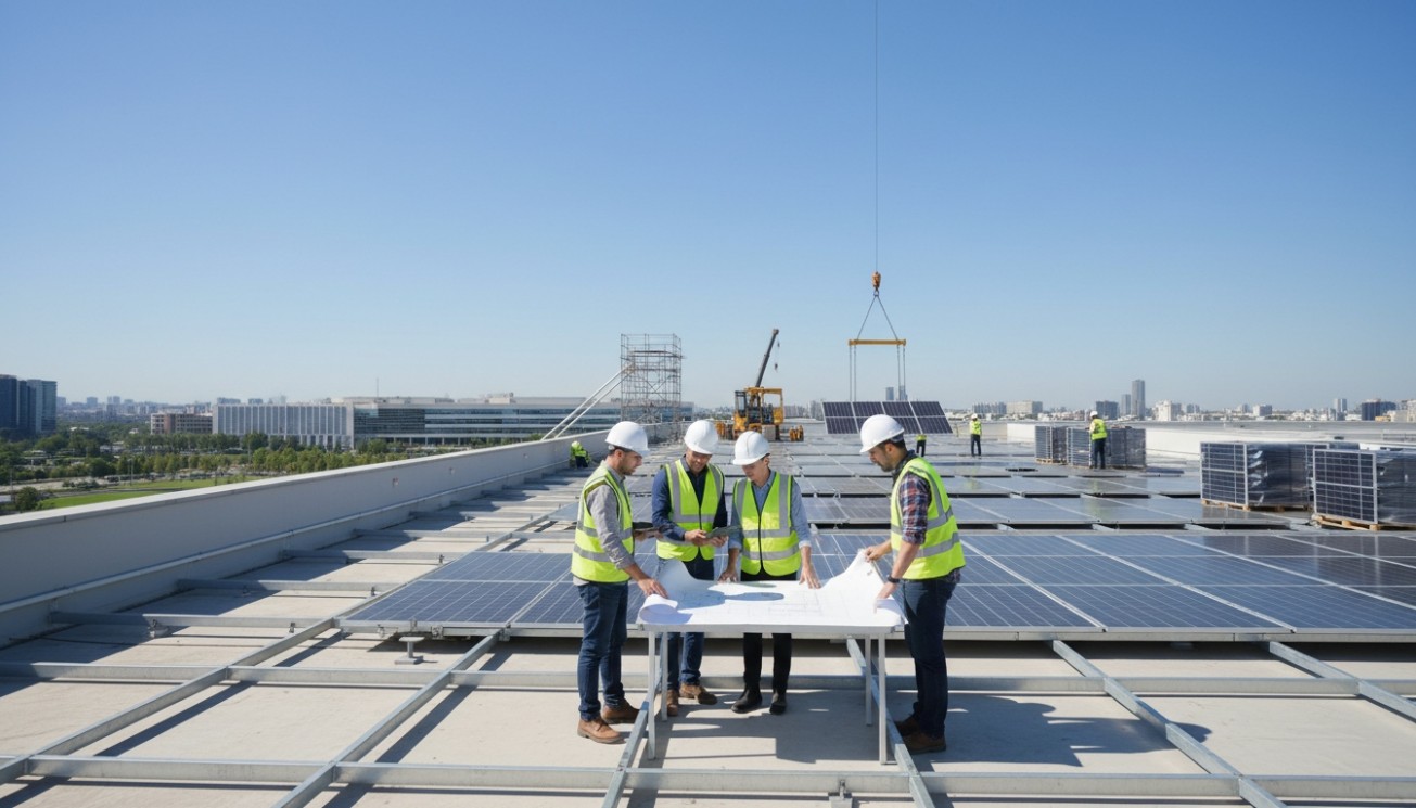 Commercial solar panel logistics planning with EPC team crane lifting and rooftop PV module installation schedule